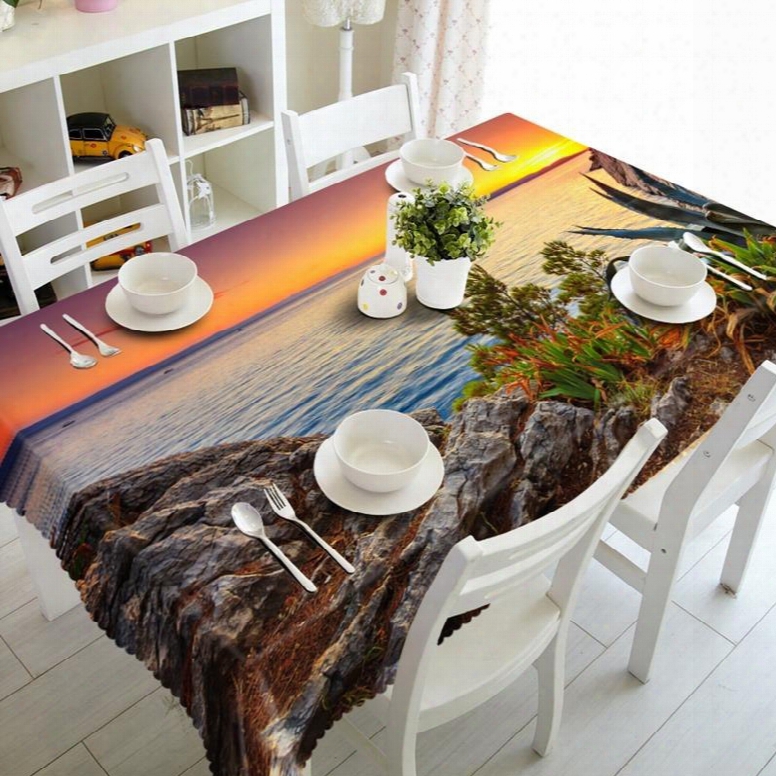 Elegant Sunset Seaside Scenery Prints Washable Dining Room Decoration 3d Tablecloth