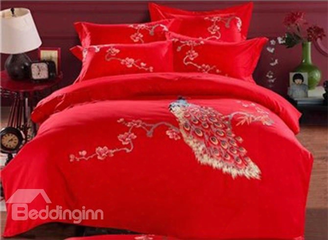 Embroidery Peacock And Flowers Bright Red 4-piece Cotton Sateen Bedding Sets/duvet Cover