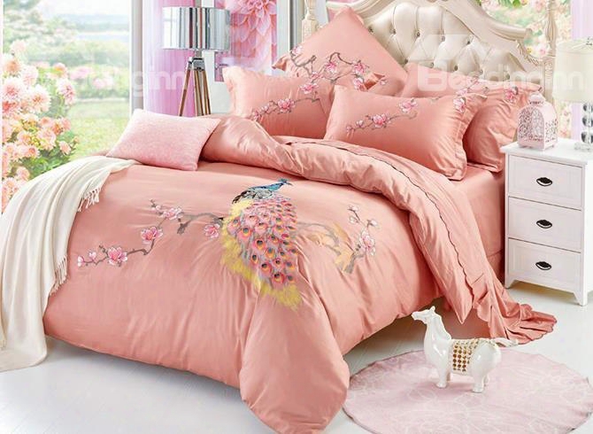 Embroidery Peacock And Flowers Fresh Pink 4-piece Cotton Sateen Bsdding Sets/duvet Cover