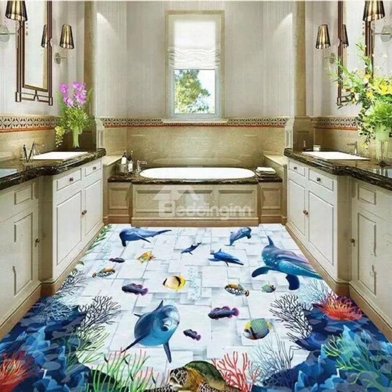 Fancy Modern Dolhpins And Fishes Pattern Design Home Decorative Waterproof 3d Floor Murals