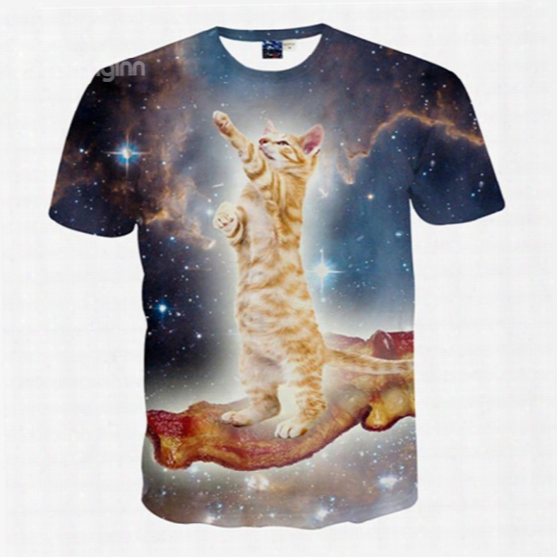 Fancy Round Neck Cat In Galaxy Pattern 3d Painted T-shirt