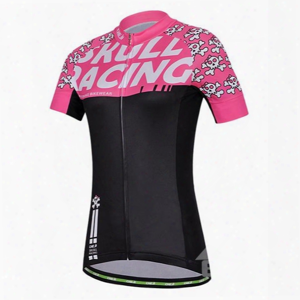 Female Pink Cartoon Skull Road Bike Jersey With Zipper Sponged Cycling Suit