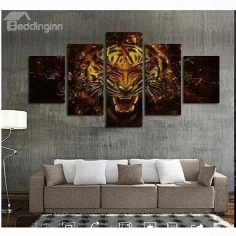 Ferocious Tiger Pattern Hanging 5-piece Canvas Eco-friendly And Waterproof Non-framed Prints