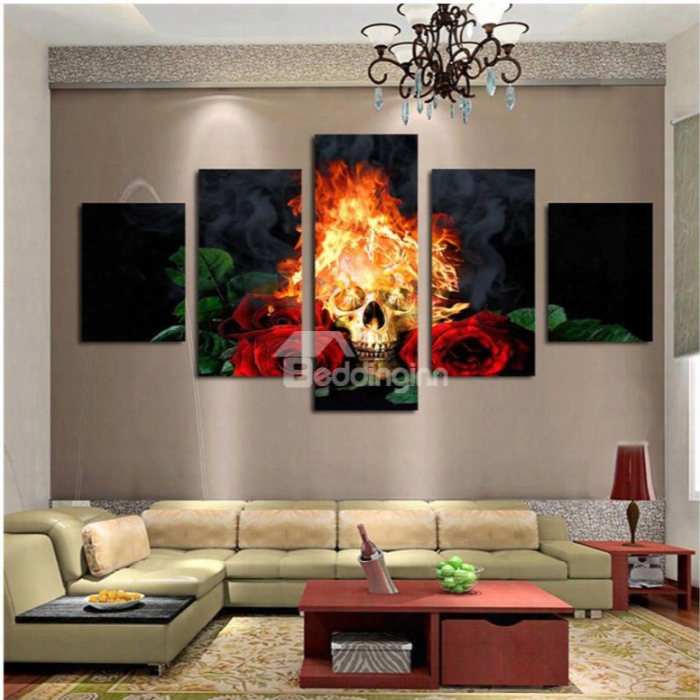 Fire Skull And Roses Hanging 5-piece Canvas Eco-friendly And Waterproof Non-framed Prints