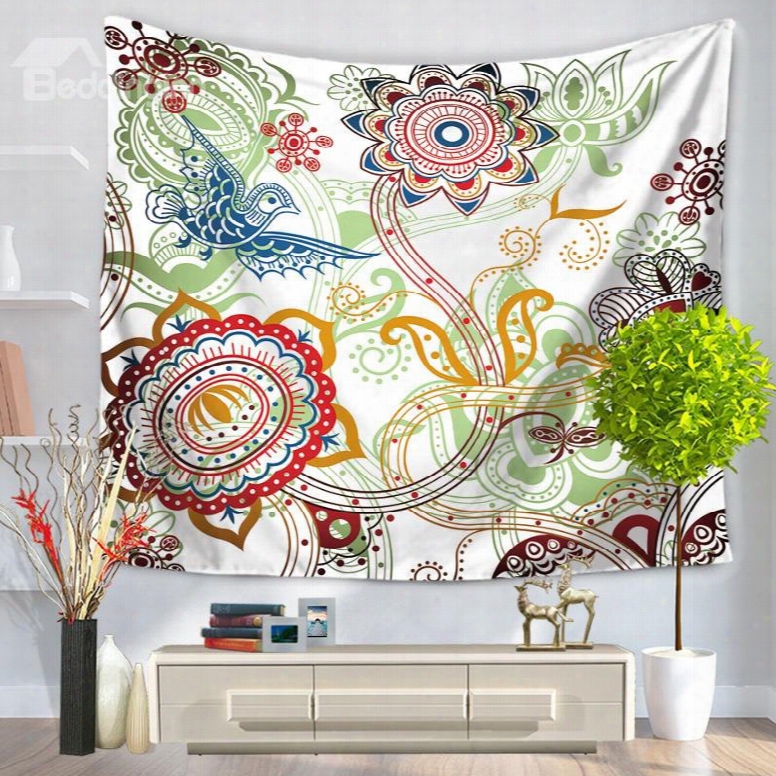 Floral Pattern With Birds Pastoral Style Decorative Hanging Wall Tapestry