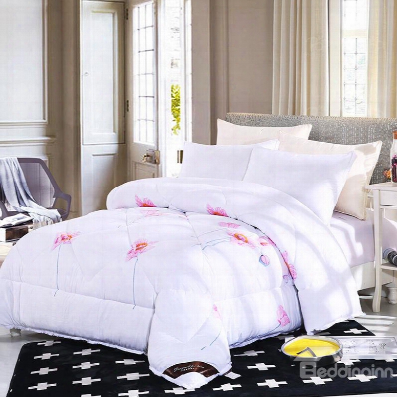 Flower Blooming Pattern Lacy Solid White Polyester Winter Thick Quilt