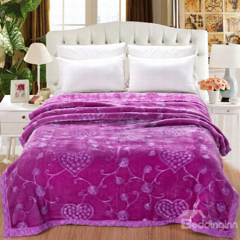 Flowers And Heart Shape Design Purple Embroid Ery Flannel Fleece Bed Blankets