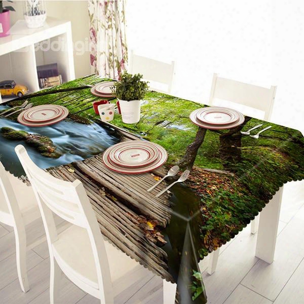 Fresh Polyester Forest And Bridge Scenery Pattern 3d Tablecloth