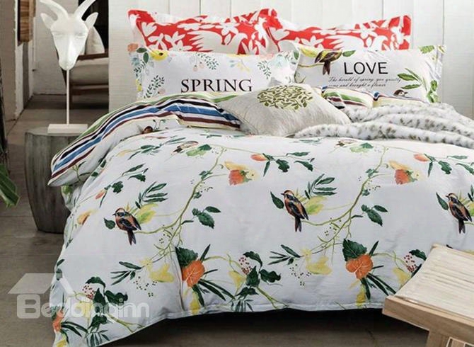 Fresh Style Birds And Flowers Print 4-piece Cotton Duvet Cover Sets