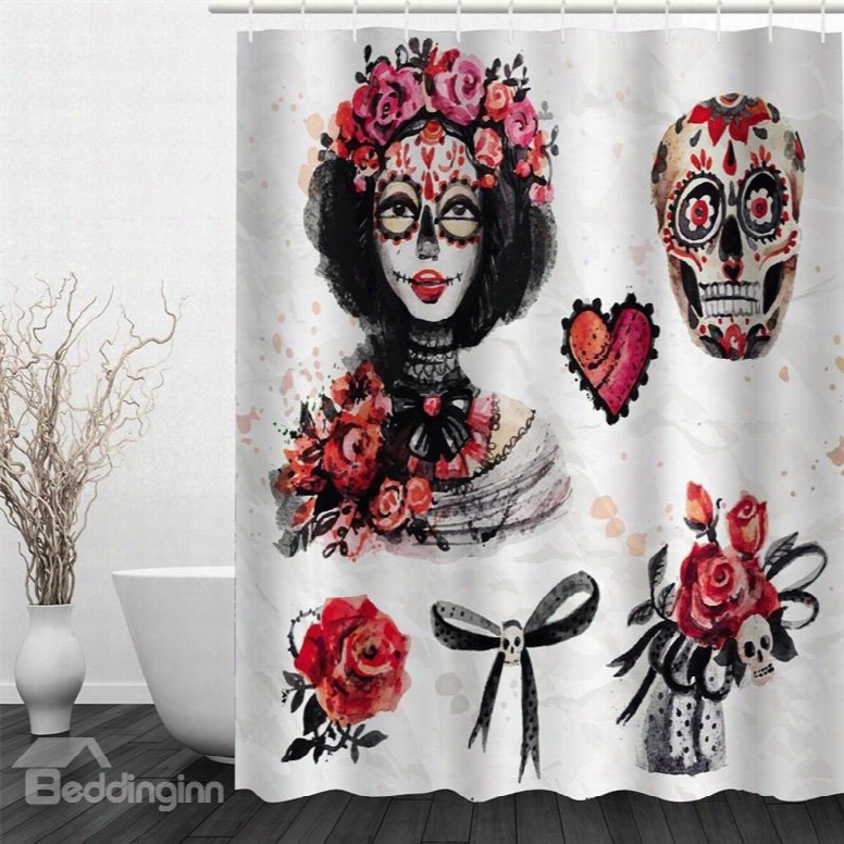 Girl With Flowers And Skull Polyester Waterproof And Eco-friendly 3d Shower Curtain