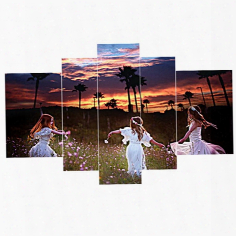 Girls Playing In Flower Blossom Hanging 5-piece Canvas Eco-friendly And Waterproof Non-framed Prints