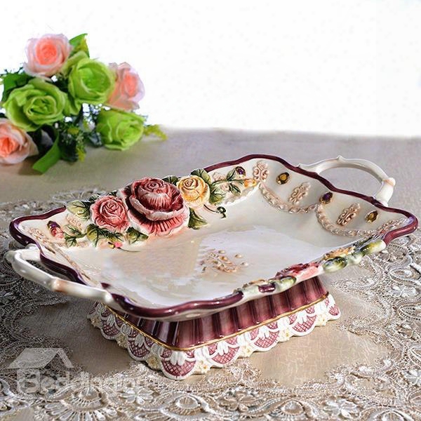 Glamorous Rectangle Flower Pattern Fruit Plate Painted Pottery