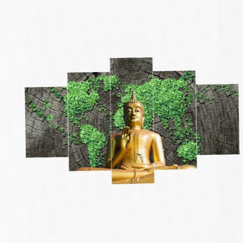 Golden Buddha Before Plants Mountain Pattern Hanging 5-piece Canvas Ecoo-friendly Waterproof Non-fraed Prints