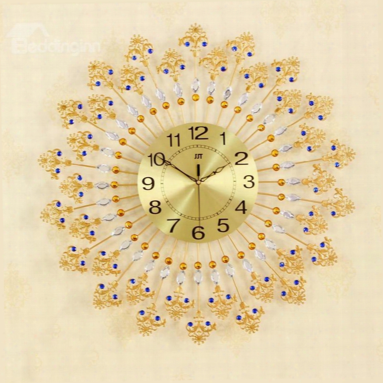 Golden Floral Edges Round Iron And Diamond Battery Hanging Wall Clock