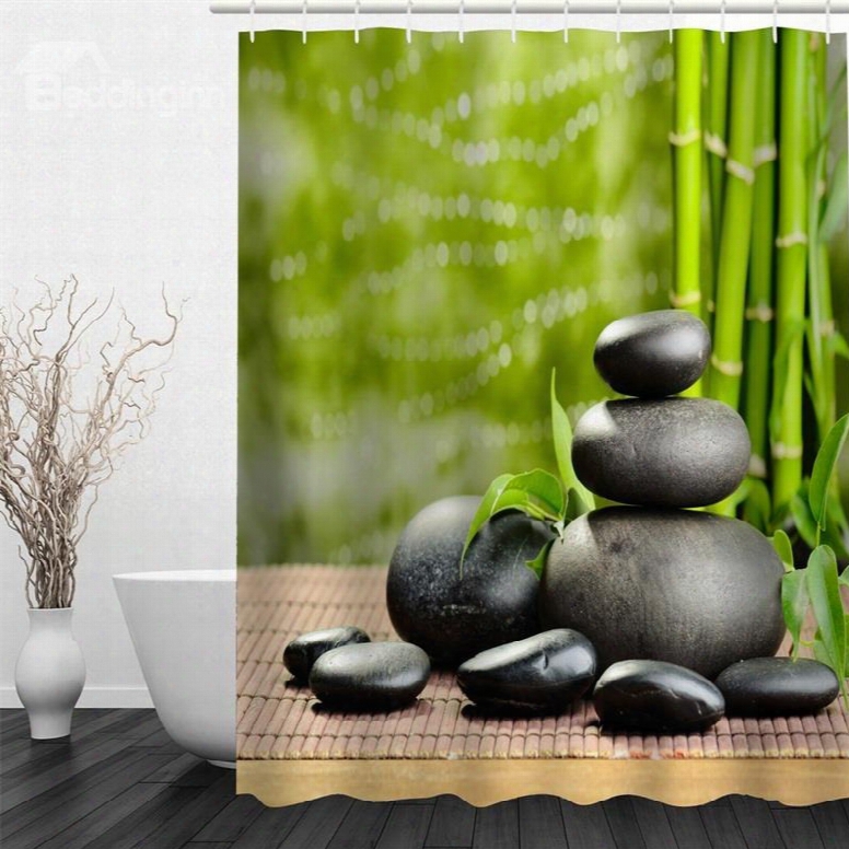 Green Bamboos And Black Stones Polyester Waterproof And Eco-friendly 3d Shower Curtain