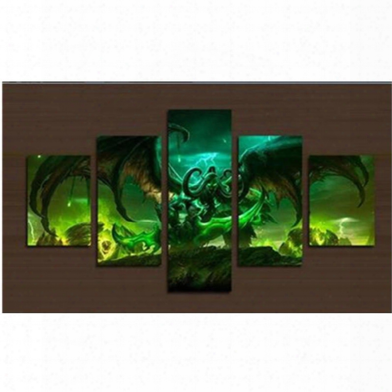 Green Monsters Pattern Hanging 5-piece Canvas Eco-friendly And Waterproof Non-framed Prints