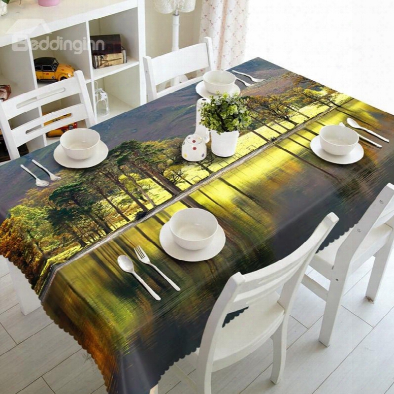Green Trees By The River Natural Scenery Prints Washable 3d Tablecloth