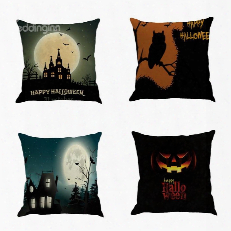 Halloween Bright Moon And Castle Decorative Linen Square Throw Pillow