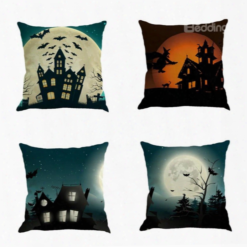 Halloween Party Moonlight Buildings And Bat Square Cotton Linen Decorative Throw Pillows