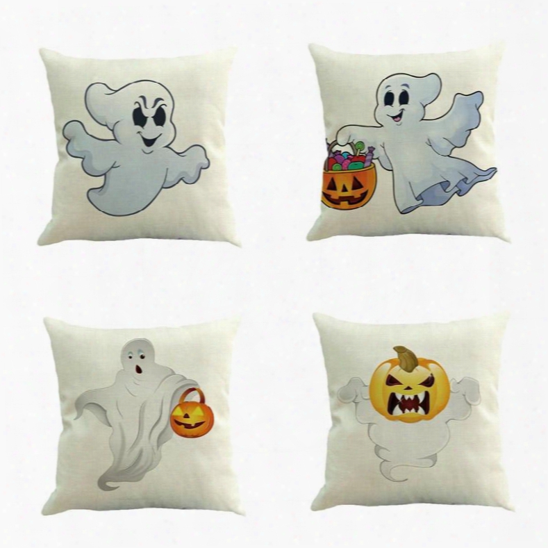 Halloween White Ghost And Pumpkn Pattern Square Linen Decorative Throw Pillows