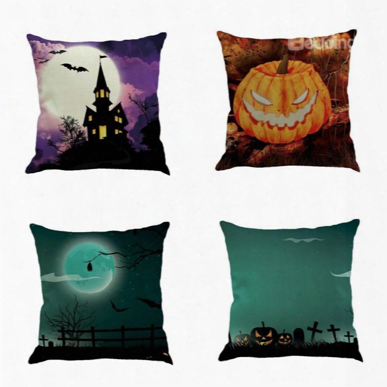 Happy Halloween Pumpkkin Bat Pattern Square Cotton Linen Decorative Throw Pillows