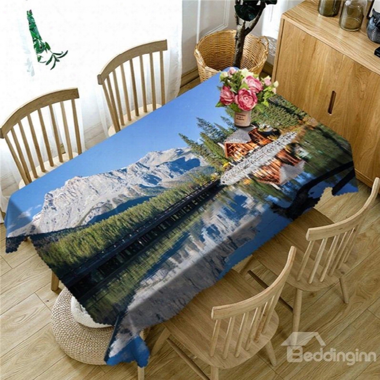 High Mountains And Wooden House With Clean Water Printing Table Cover Cloth
