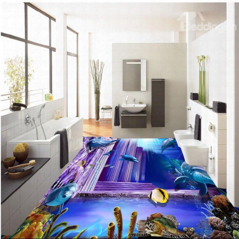 Leisurely Dolphins And Fishes In Underwater World Pattern Waterproof 3d Floor Murals