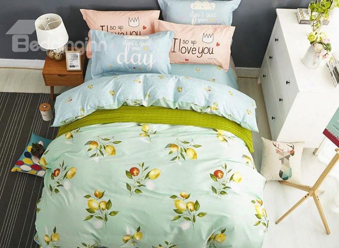 Lemons Printed Cotton Green Kids Duvet Covers/bedding Sets