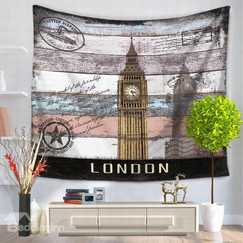 London Postcard Big Ben Clock Pattern Vintage Style Decorative Hangong Wall Tapestry