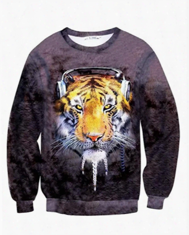 Long Sleeve Music Tiger Pattern Inner Suede 3d Painted Hoodie