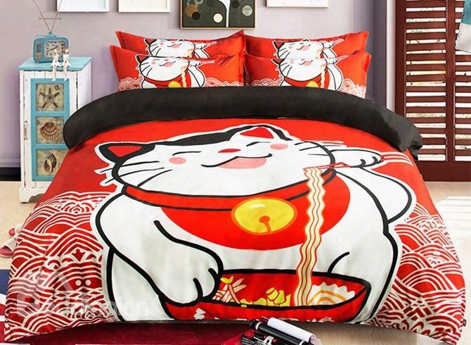 Lovely Cat Eating Noodles Print 4-piece Polyester Duvet Cover Sets