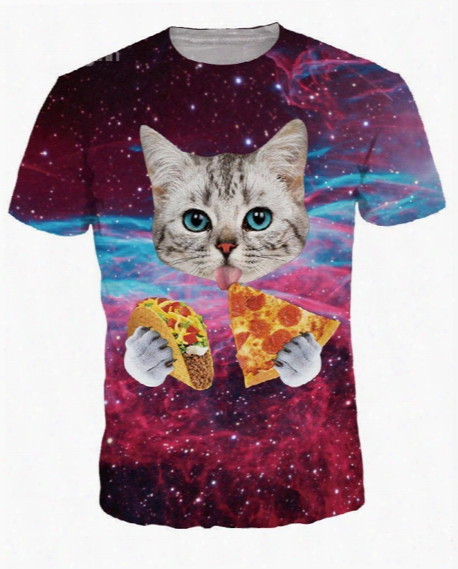 Lovely Round Neck Cat Eat Pizza Pattern 3d Painted T-shirt