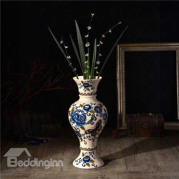 Luxury Ceramic Blue Flower And Butterfly Pattern Flower Vase Painted Pottery