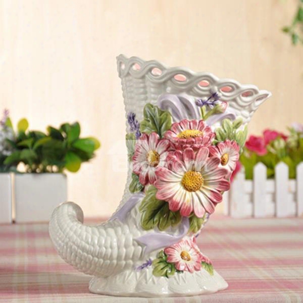 Modern Ceramic Ox Horn Shape Flower Vase Painted Pottery