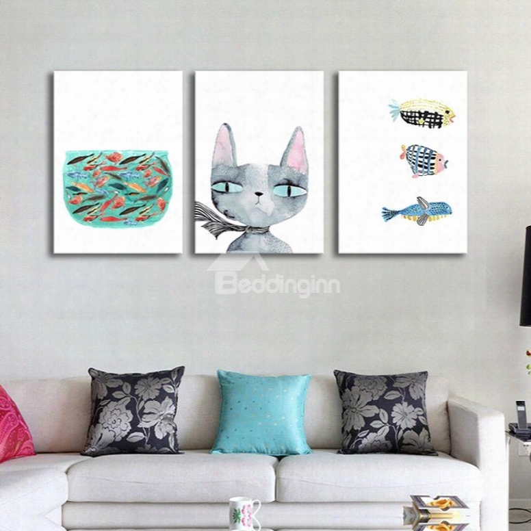 Modern Simple Style Cat And Fish Pattern Design Framed Wall Aart Prints