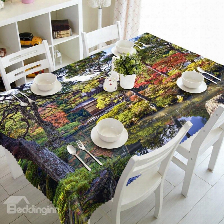 Natural Trees And Pond Park Scenery Prints Washable Dining Room Decoration 3d Tablecloth