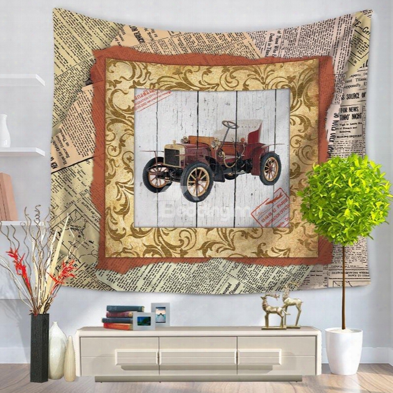 Old Fashioned Car With Photo Frame Vintage Style Decorative Hanging Wall Tapestry