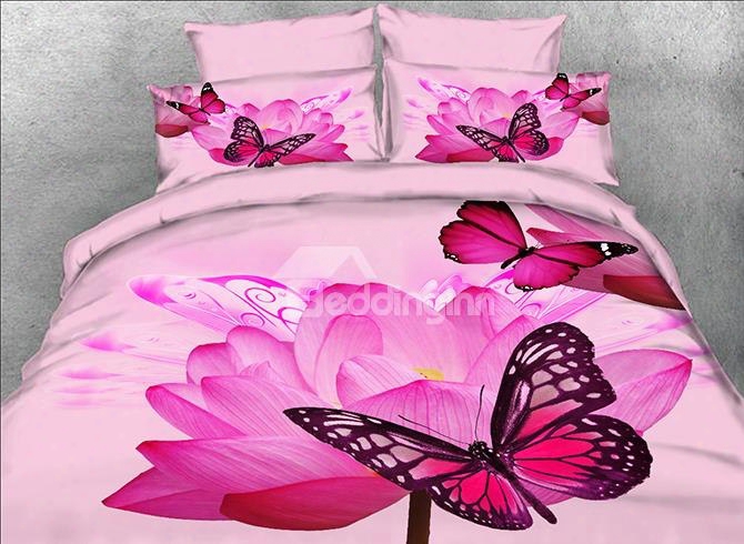 Onlwe 3d Butterfly And Pink Lotus Printed Cotton 4-piece Bedding Sets/duvet Covers