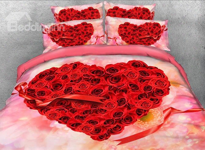 Onlwe 3d Heart-shaped Red Roses And Ribbon Printed 4-piece Bedding Sets/duvet Covers