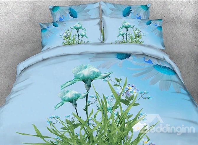 Onlwe 3d Irises And Green Leaves Printed 4-piece Blue Bedding Sets/duvet Covers