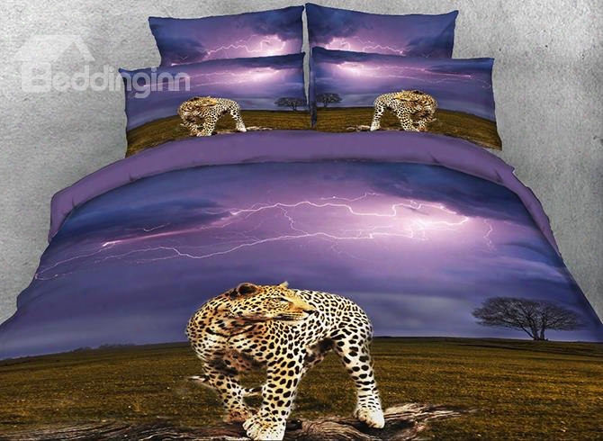 Onlwe 3d Leopard And Lightning Printed Cotton 4-piece Bedding Sets/duvet Covers