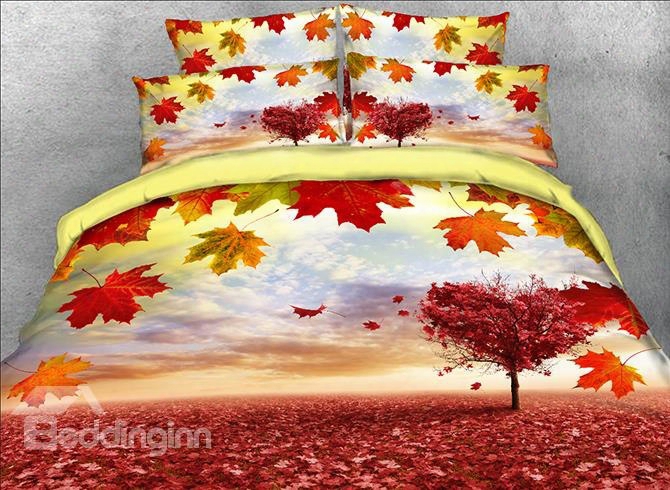 Onlwe 3d Maple Leaves And Heart-shaped Tree Printed 4-piece Bedding Sets/duvet Covers