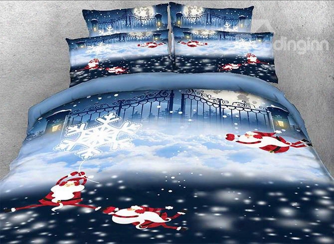 Onlwe 3d Monkey Santa And Snowflake Printed Cotton 4-piece Bedding Sets/duvet Covers