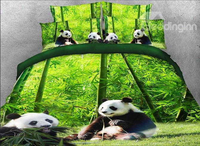 Onlwe 3d Panda Eating Bamboo Printed Cotton 4-piece Bedding Sets/duvet Covers