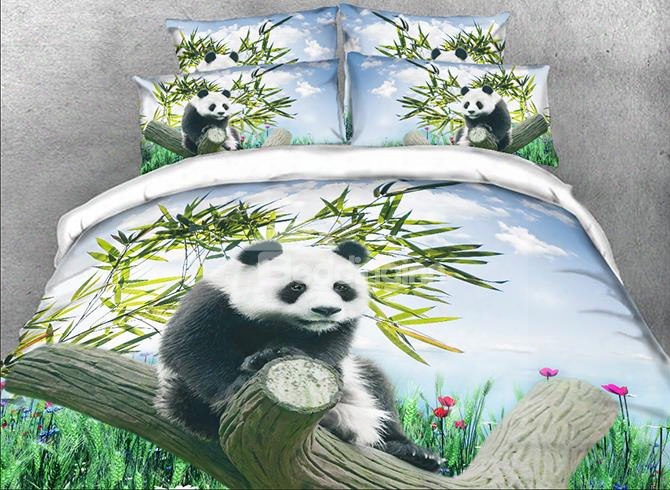 Onlwe 3d Panda On A Branch Printed Cotton 4-piece Bedding Sets/duvet Covers