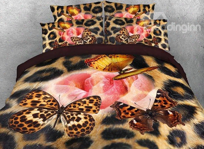 Onlwe 3d  Pink Rose And Leopard Butterfly Printed 4-piece Bedding Sets/duvet Covers