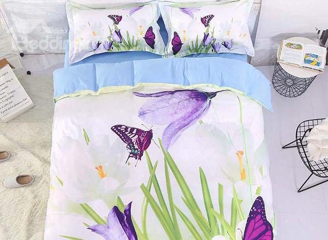 Onlwe 3d Saffron Crocus And Butterfly Printed Cotto N4-piece Bedding Sets/duvet Covers