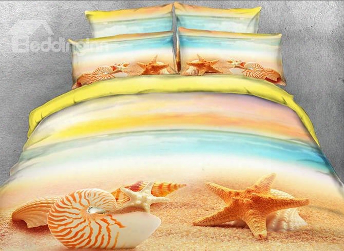 Onlwe 3d Starfish And Conch Steady Sand Printed 4-piece Bedding Sets/duvet Covers