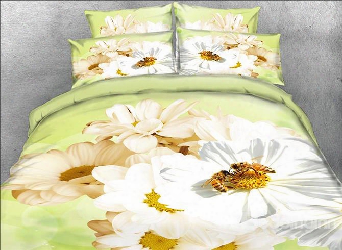 Onlwe 3d White Daisy And Bee Printed Cotton 4-piece Bedding Sets/duvet Covers
