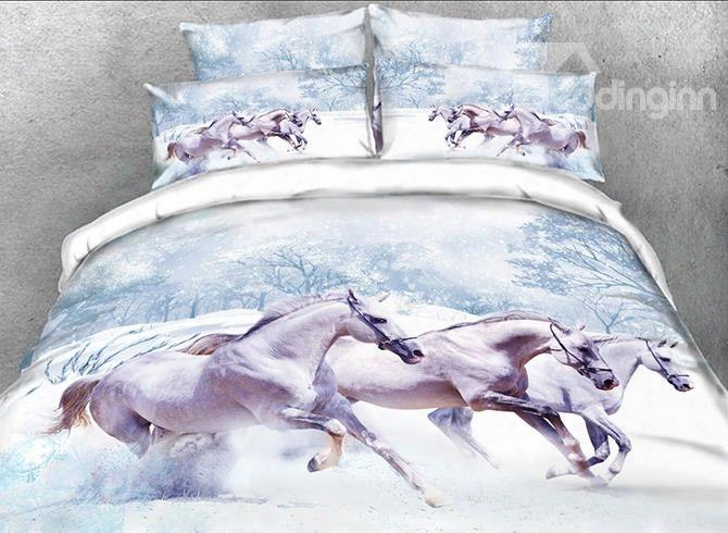 Onlwe 3d White Horse In Snow Printed Cotton 4-piece Bedding Sets/duvet Covers